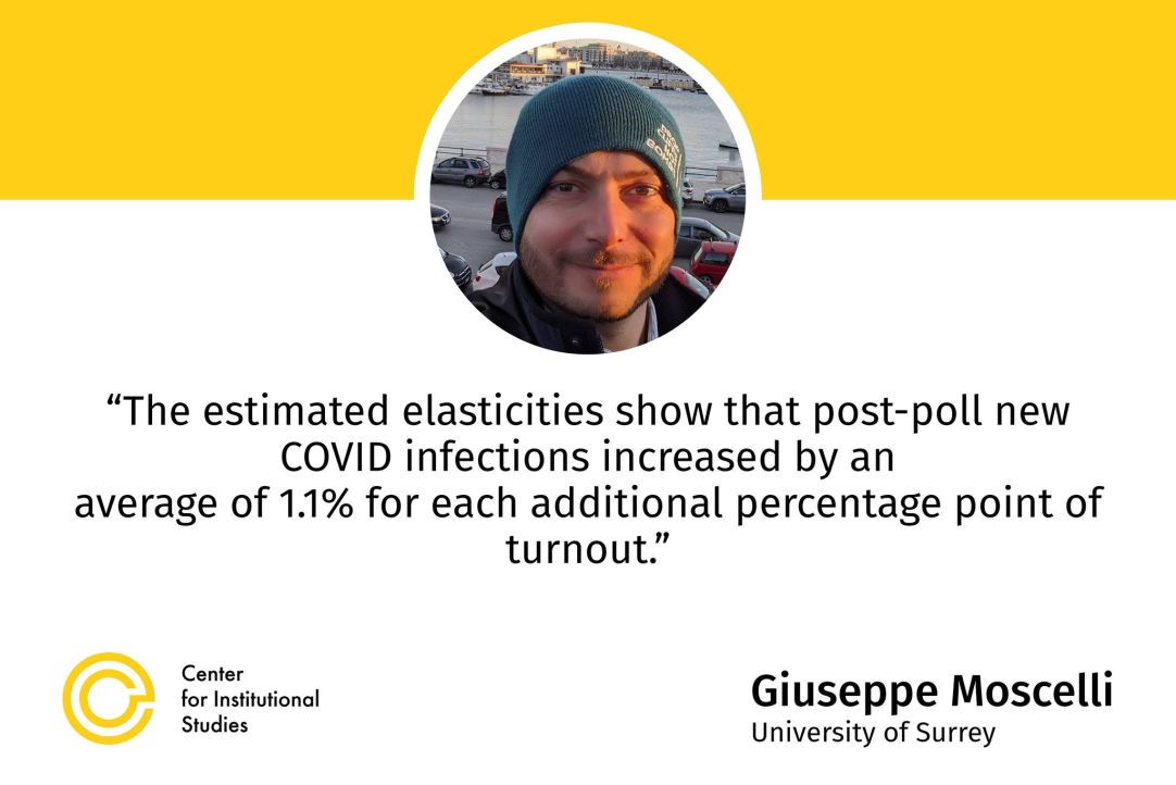 CInSt Research Seminar &quot;Voting, Contagion and the Trade-Off between Public Health and Political Rights: Quasi-Experimental Evidence from the Italian 2020 Polls&quot;: Giuseppe Moscelli (University of Surrey)